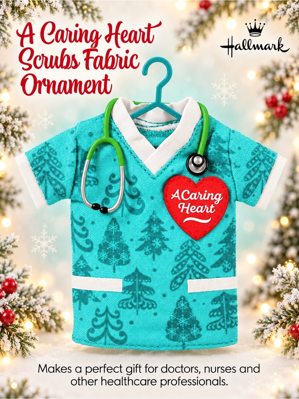 Hallmark A Caring Heart Scrubs Fabric Ornament With Trees and Stethoscope NEW